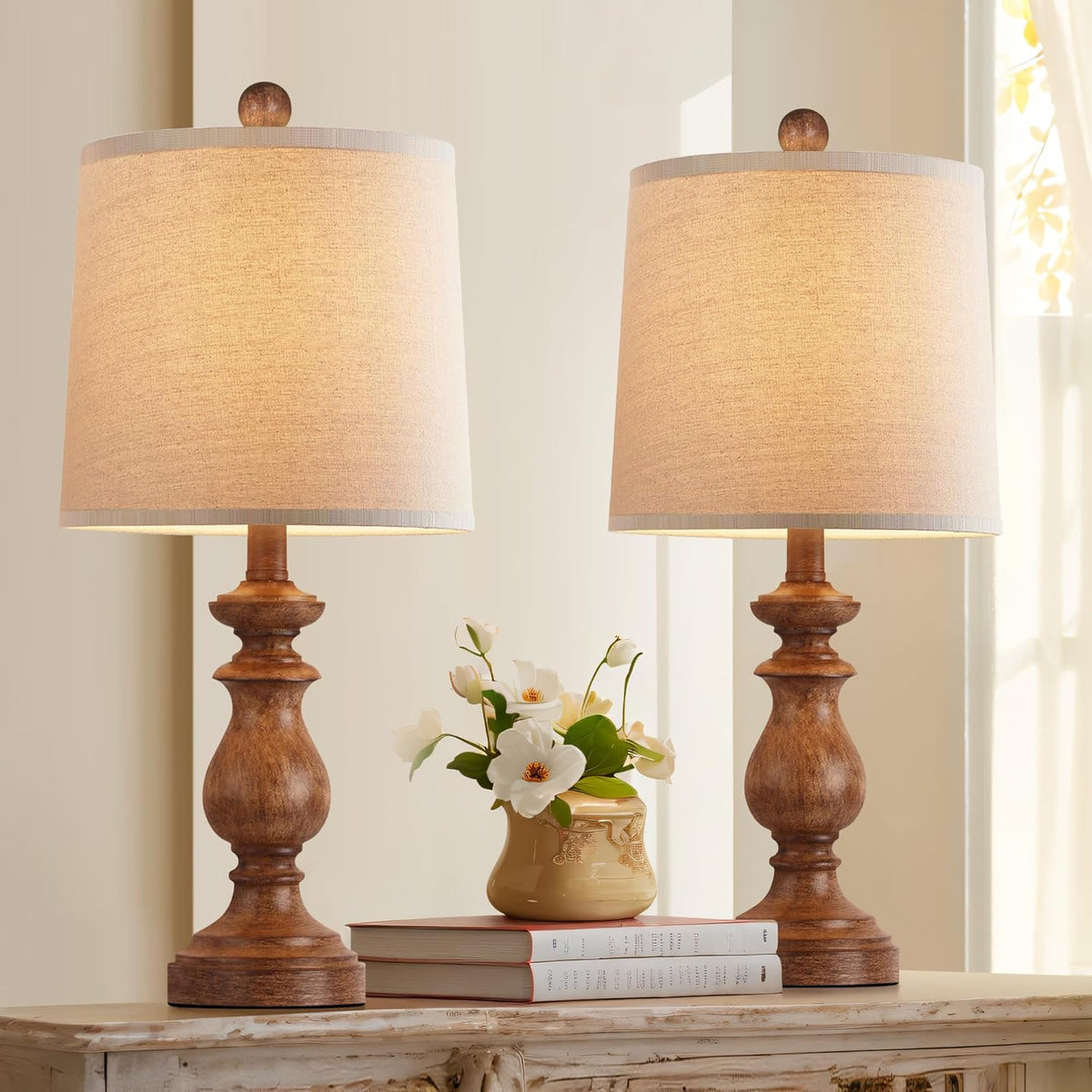 PARTPHONER Traditional Table Lamp Set of 2, Rustic Farmhouse Table Lamps for Living Room Bedroom, 22" Bedside Desk Lamps Vintage Nightstand Lamps with Linen Shades, Wood Grain