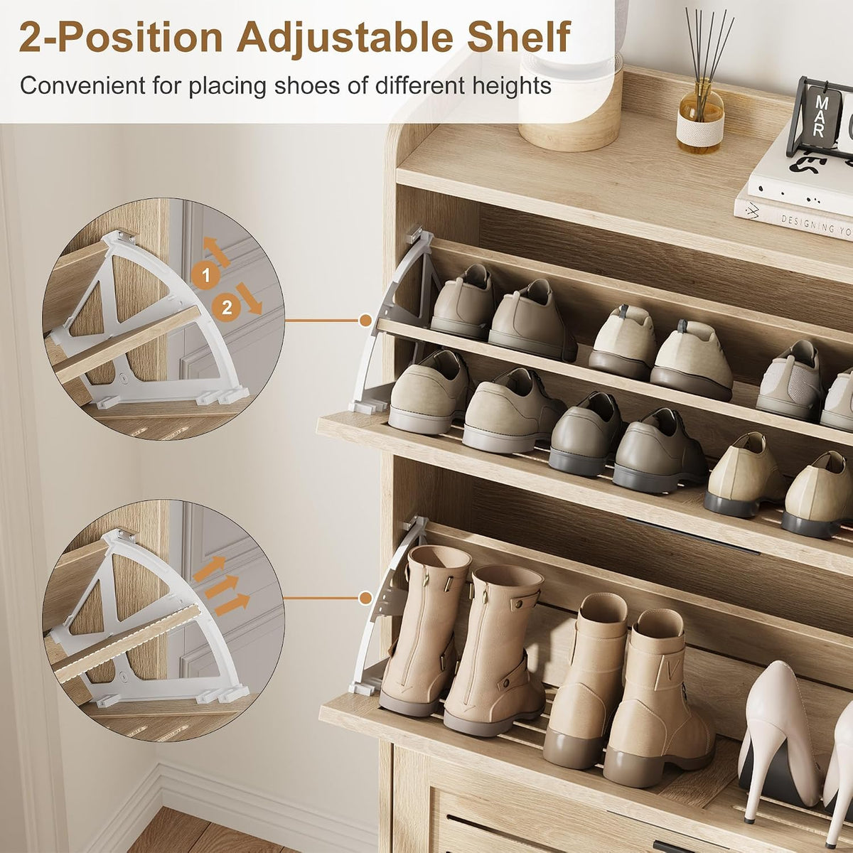 IDEALHOSUE Shoe Cabinet Storage for Entryway, Slim Shoe Storage Cabinet with 3 Flip Drawers, Freestanding Hidden Narrow Shoe Organizer Cabinet with Hooks for Entrance, Foyer, Hallway, Light Oak
