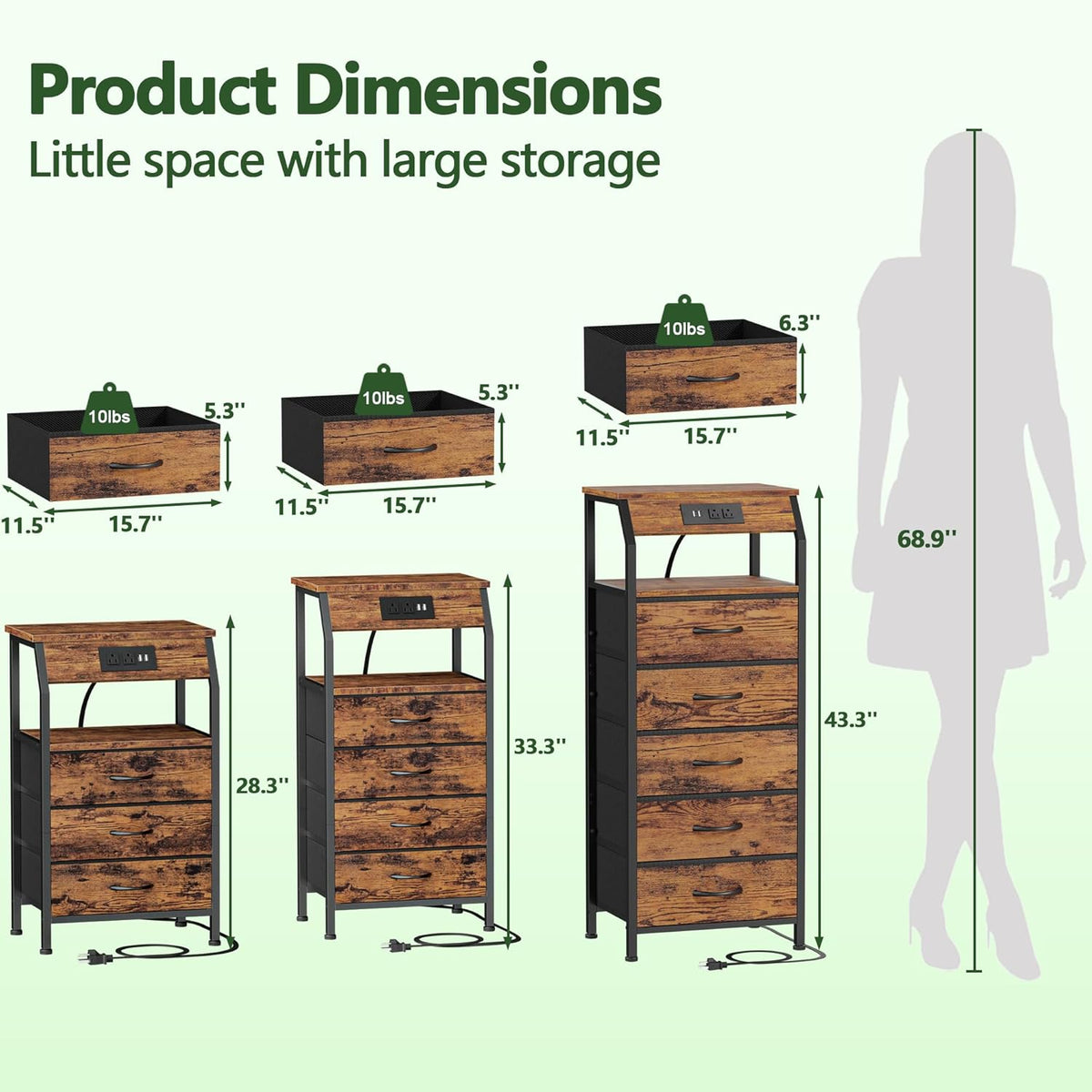 Furnulem 5 Drawers Dresser with Charging Station, Tall Nightstand, Brown