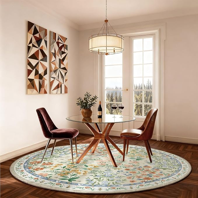 Washable Round Rugs for Bedroom 4ft: Living Room Rug Stain Resistant Non Slip