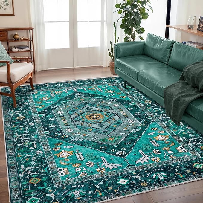 SERISSA Boho Area Rug 5x7 Teal, Washable Large Rugs