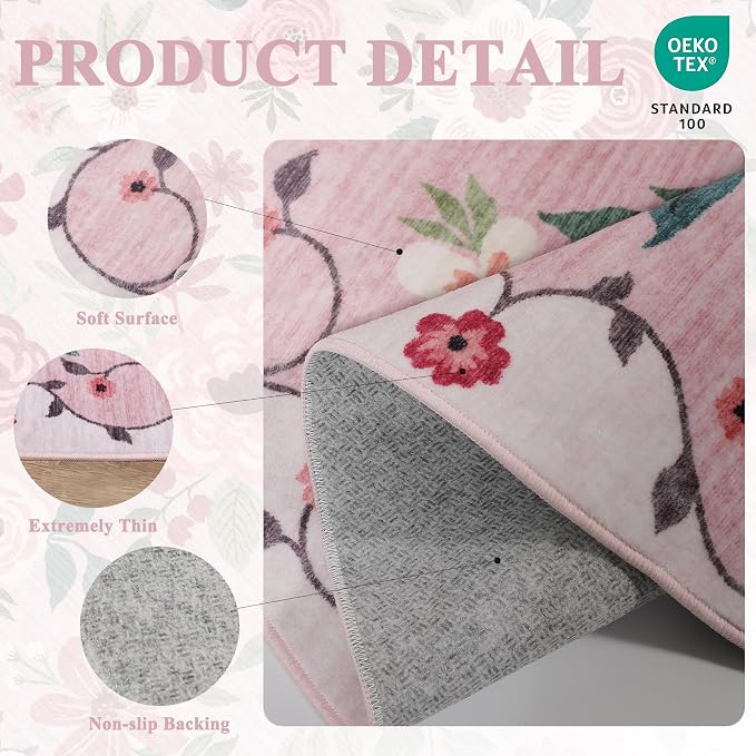 DUKINO Floral Round Rug, 4ft Washable Round Area Rug, Non Slip Indoor Low Pile
