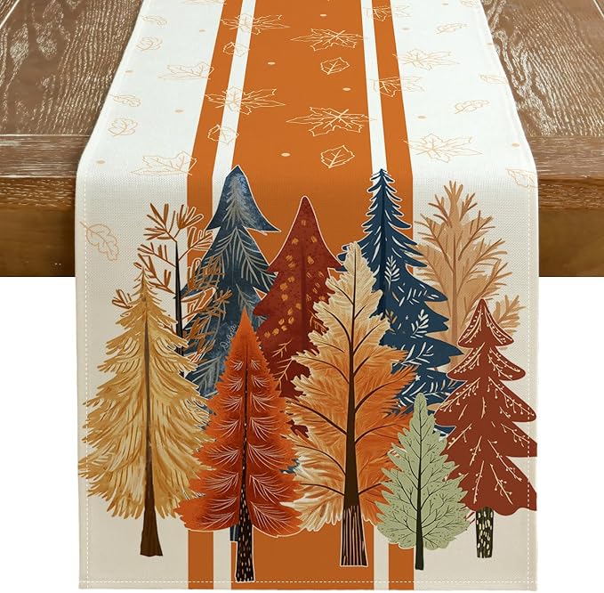 Fall Watercolor Trees & Maple Leaves Striped Table Runner 13x108 Inch, Rustic
