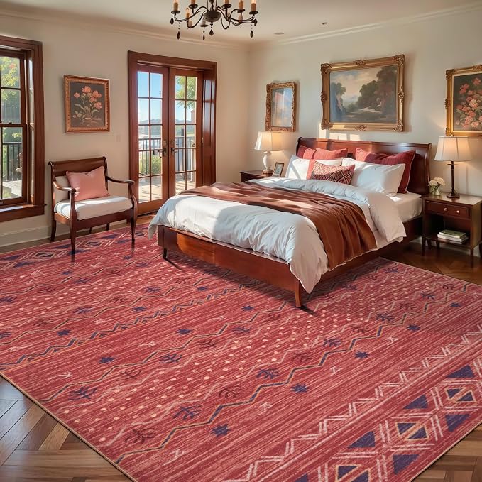 SERISSA 9x12 Area Rugs for Living Room, Washable Non-Slip Red 0chre Boho Rug
