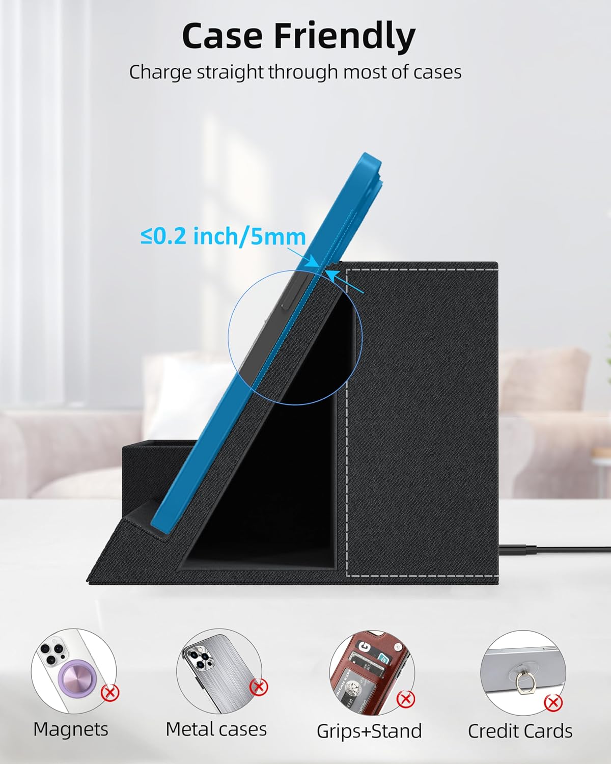 Wireless Charger with Desk Organizer, 3 Compartments and 1 Phone Stand