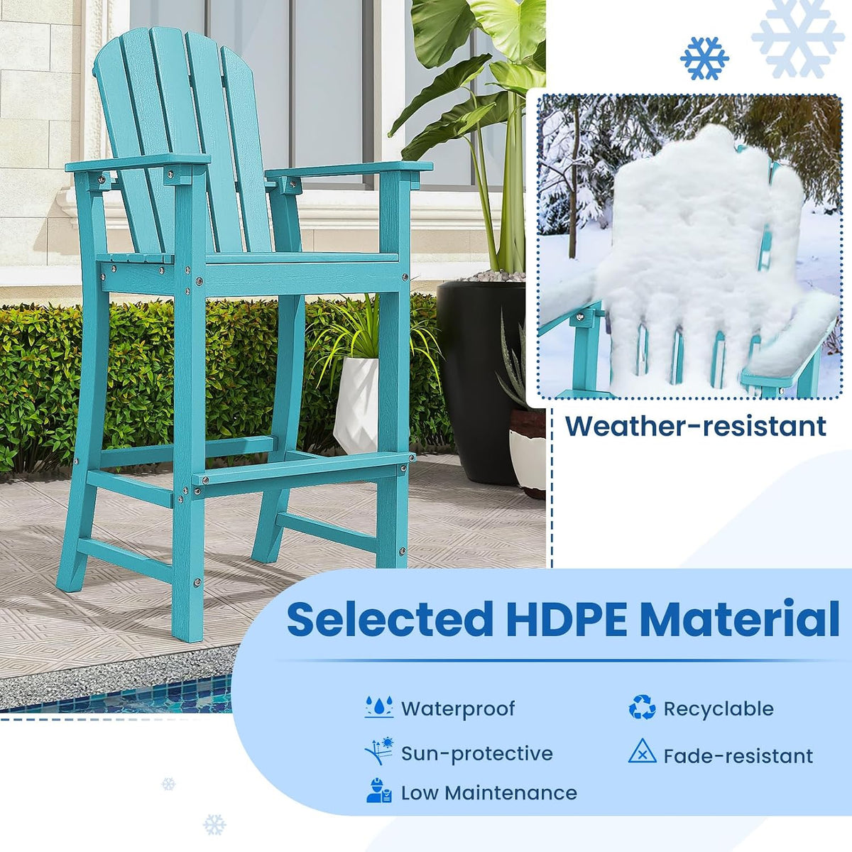 Tangkula Outdoor Tall Adirondack Chair 30 Inches Seat Height, HDPE Bar Height Patio Chair with High Backrest, Armrests and Footrest, Outdoor Bar Stool for Balcony Deck Garden Poolside (1, Turquoise)