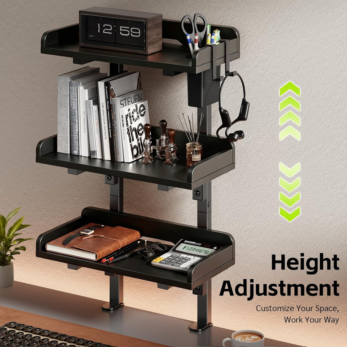 3-Tier Clamp on Wood Desktop Shelf, Adjustable Height Office Desk Organizer