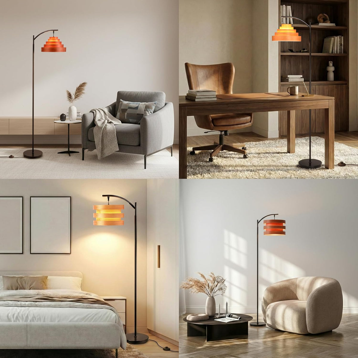 O’Bright Strata Wooden Floor Lamp - Mid Century Modern Standing Lamp with Layered Wood Shade, Tall Reading Lamp for Living Room, Bedroom, Office, Black, Light Oak, Horizon Shade