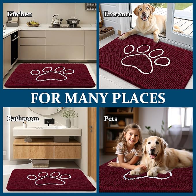 OLANLY Dog Door Mat for Muddy Paws 70x32, Paw Print Design, Absorbs Moisture