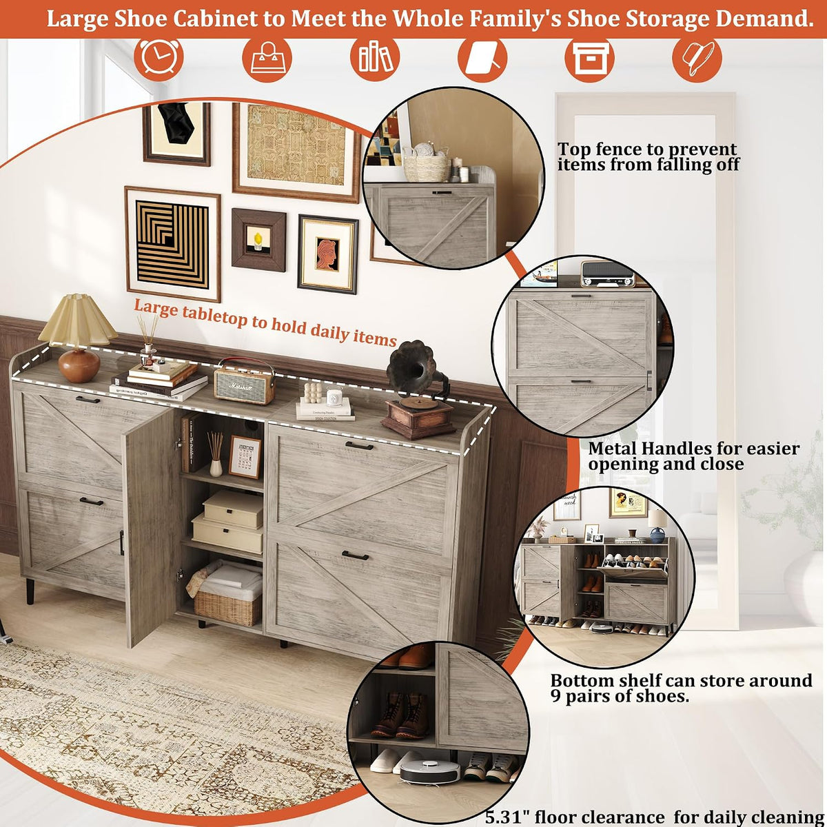 HOMEFORT Large Shoe Cabinet with 4 Flip Drawers, Farmhouse Narrow Shoe Organizer Cabinet for Entryway, Hidden Shoe Rack with Adjustable Side Cabinet for Boot Storage,6 Wood Legs, Washed Gray