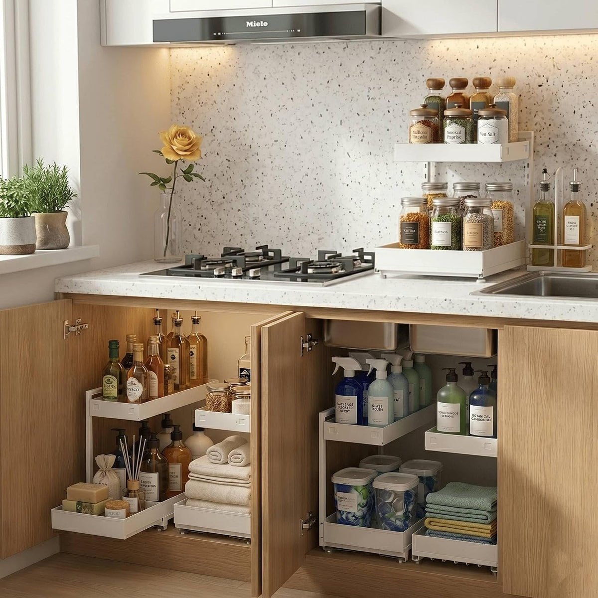 TATAANTY Under Sink Organizer, L-Shaped Metal 2-Tier Double Pull-Out Drawer for Kitchen & Bathroom Cabinets, Adjustable Height Storage - 50lbs Heavy Duty Waterproof 2PCS Height Adjustable