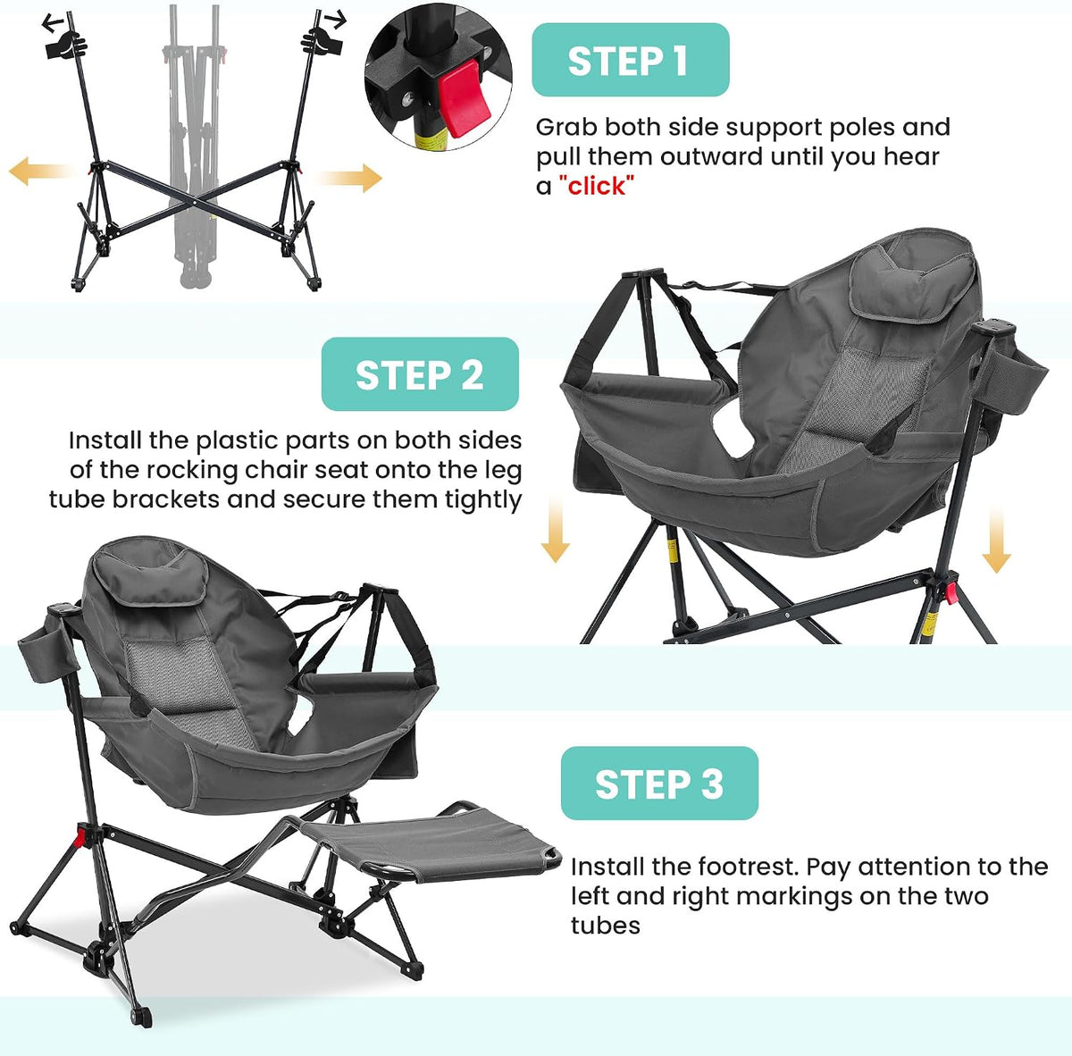 Ainfox Hammock Camping Chair with Footrest, Foldable Portable Rocking Chairs for Adults Outside Swinging Camp with Cup Holder Pillow for Outdoor Patio Poolside (Grey)
