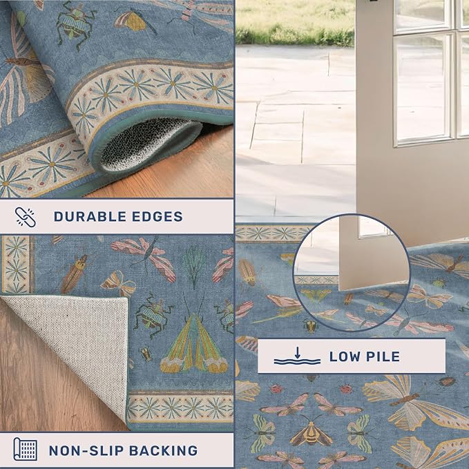 Vintage Blue Insect Hallway Runner Rug 3x8 Long, Non Slip Washable Carpet