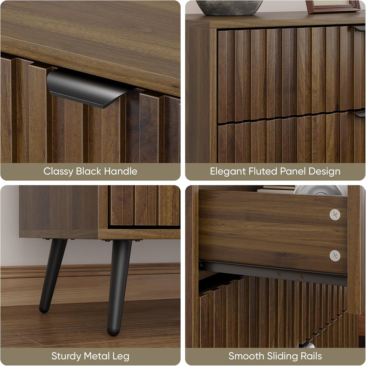 Smart FENDEE 3 Drawers Dresser, Fluted Small Dresser, 31.5“ W Mid- Century Modern Wooden Chest of Drawers, Large Nightstand Organizer for Bedroom, Closet, Hallway, Entryway, Walnut