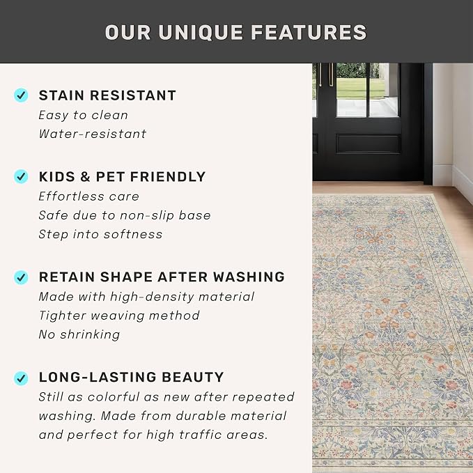 Hazo Haus Washable Beige Blue 2x10 Runner Rug