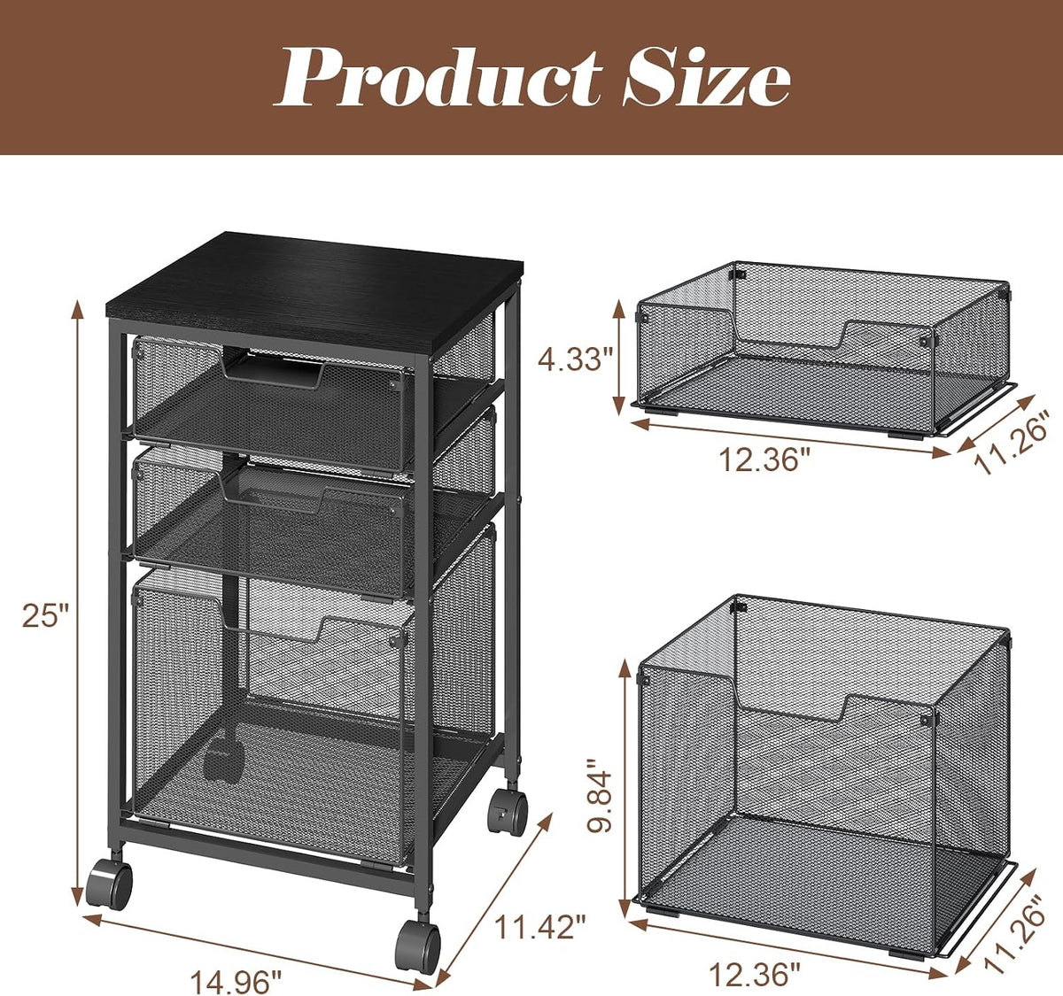 Sbanmao Rolling File Cart with 3 Drawers, Filing Cabinet, Hanging Folder Holder Organizer with Wheels, Under Desk Storage Utility Cart, File Cabinet Printer Stand for Home Office, Black