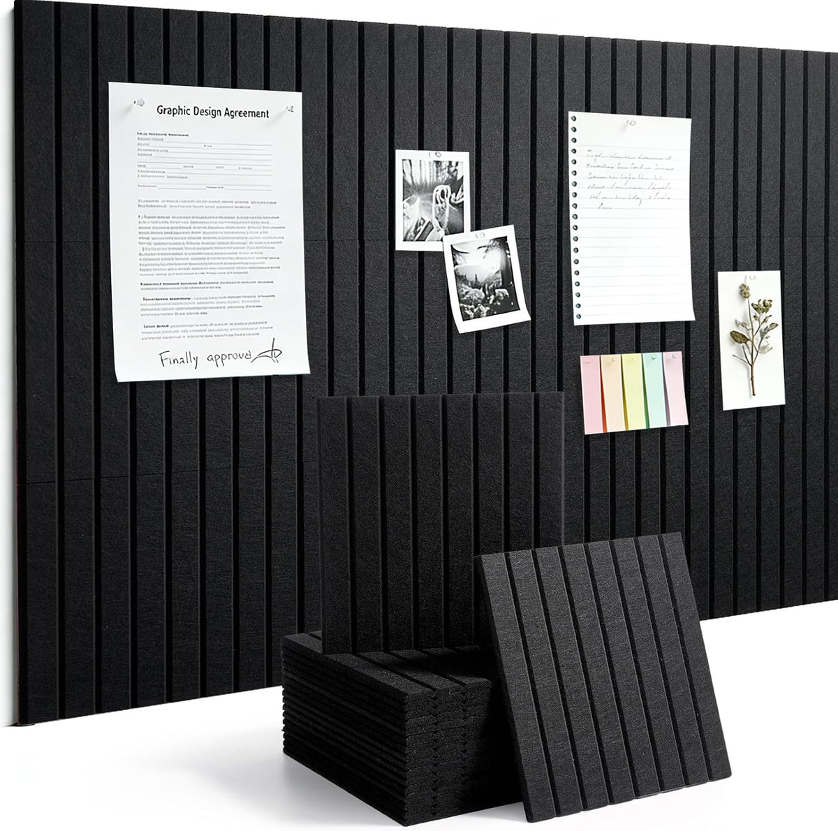Large Felt Bulletin Board Cork Board Alternative with Safe Removable Adhesive Tabs, Wall Bulletin Board for Home Office Classroom Pin Board (Black, Fine-Stripe 6-Pack)