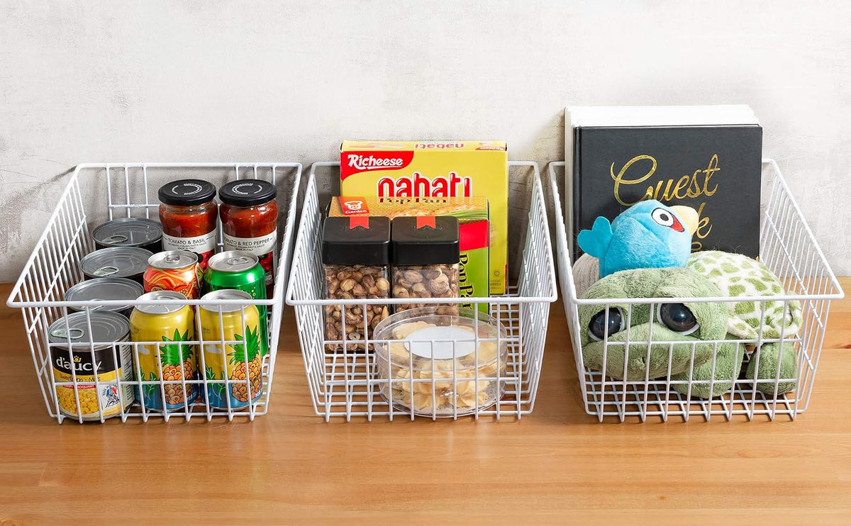 iPEGTOP Wire Storage Freezer Baskets, Set of 6 Large 15.4" Farmhouse Organizer Storage Bins Fridge Basket Rack with Handles for Kitchen Cabinets, Pantry, Office, Bathroom Organization - White