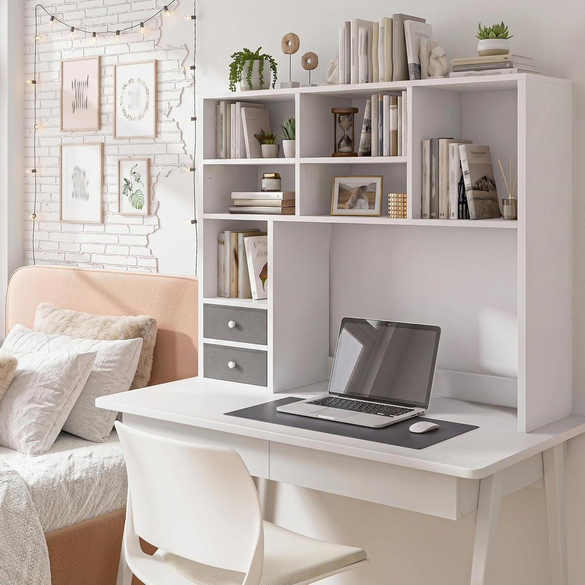 REIBII Desktop Bookshelf, 8 Shelves Desk Hutch for Dorm Room, White