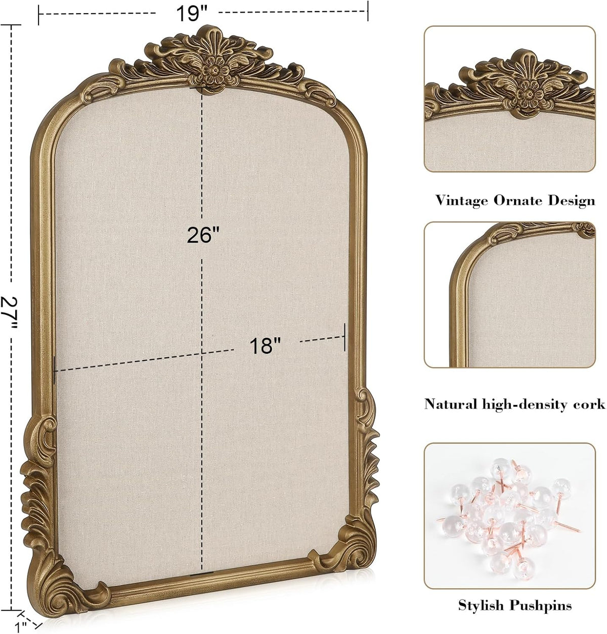 Arch Fabric Pin Board, 19" x 27" Vintage Bulletin Board with Gold Frame