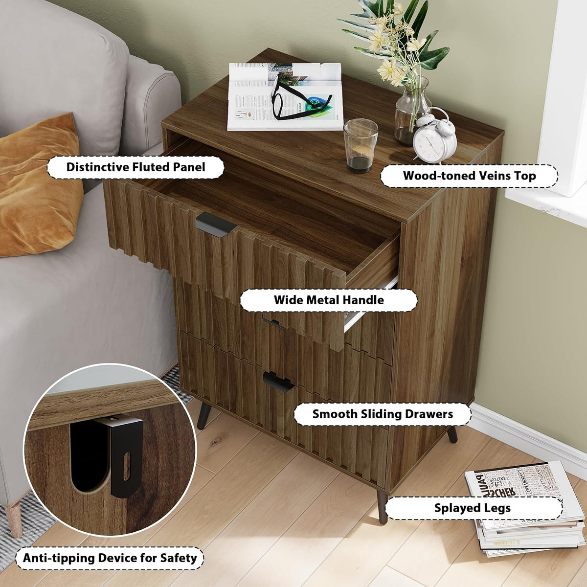 Walnut Fluted 4 Drawers Dresser for Bedroom, Chest of Drawers with Metal Wide Handle, Wooden Dresser for Closet, Bedroom, Living Room, 23.6" x 14.9"D x 30.7" H