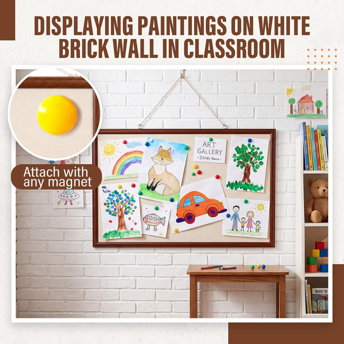 Magnetic Linen Bulletin Board Wood for Wall, 30 x 20'', Walnut