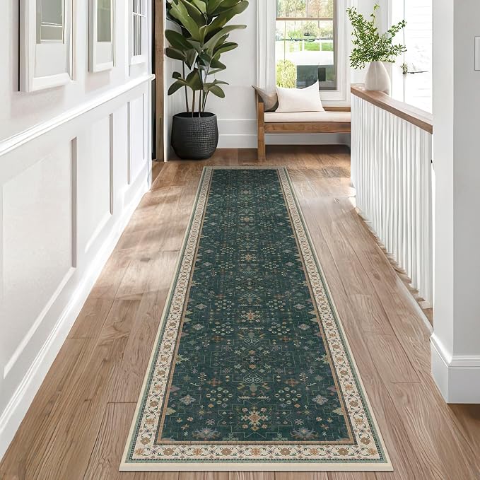 Hazo Haus Dark Green Hallway Runner Rug 12 ft Long