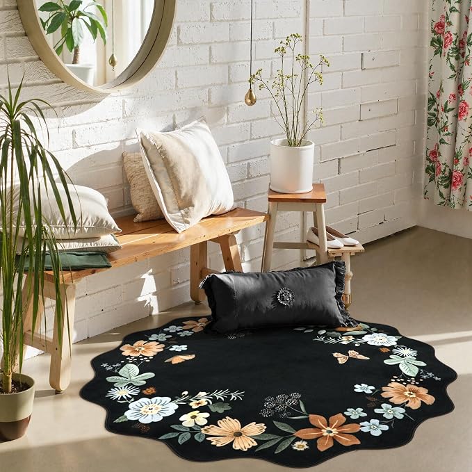 Lahome Floral Round Area Rugs, Washable Small Round Rug 3ft Non-Slip, Soft Boho