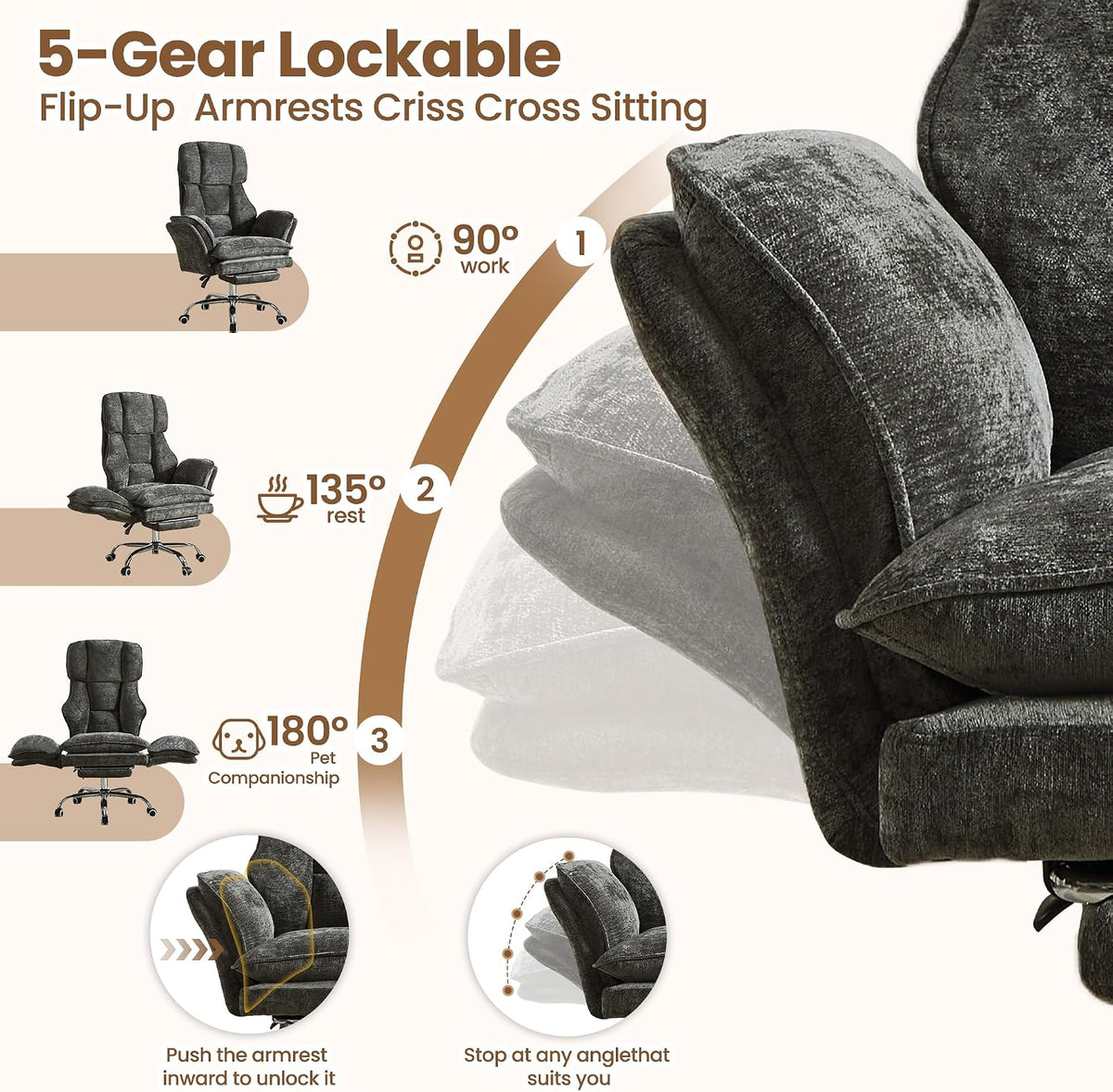 Big and Tall Office Chair with Flip Arms and Footrest, Chenille Criss Cross Legged Home Office Desk Chair with Pet Seat, Comfy Reclining Computer Gaming Chair, Dark Grey