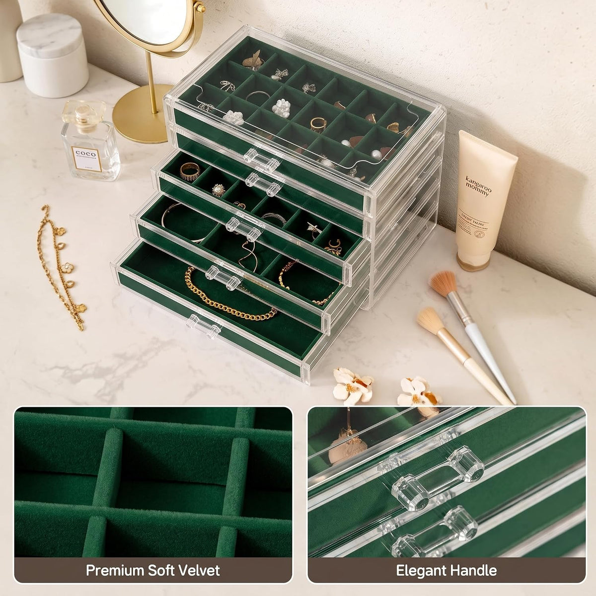 Frebeauty Acrylic Jewelry Box for Earrings,Jewelry Organizer with 5 Drawers