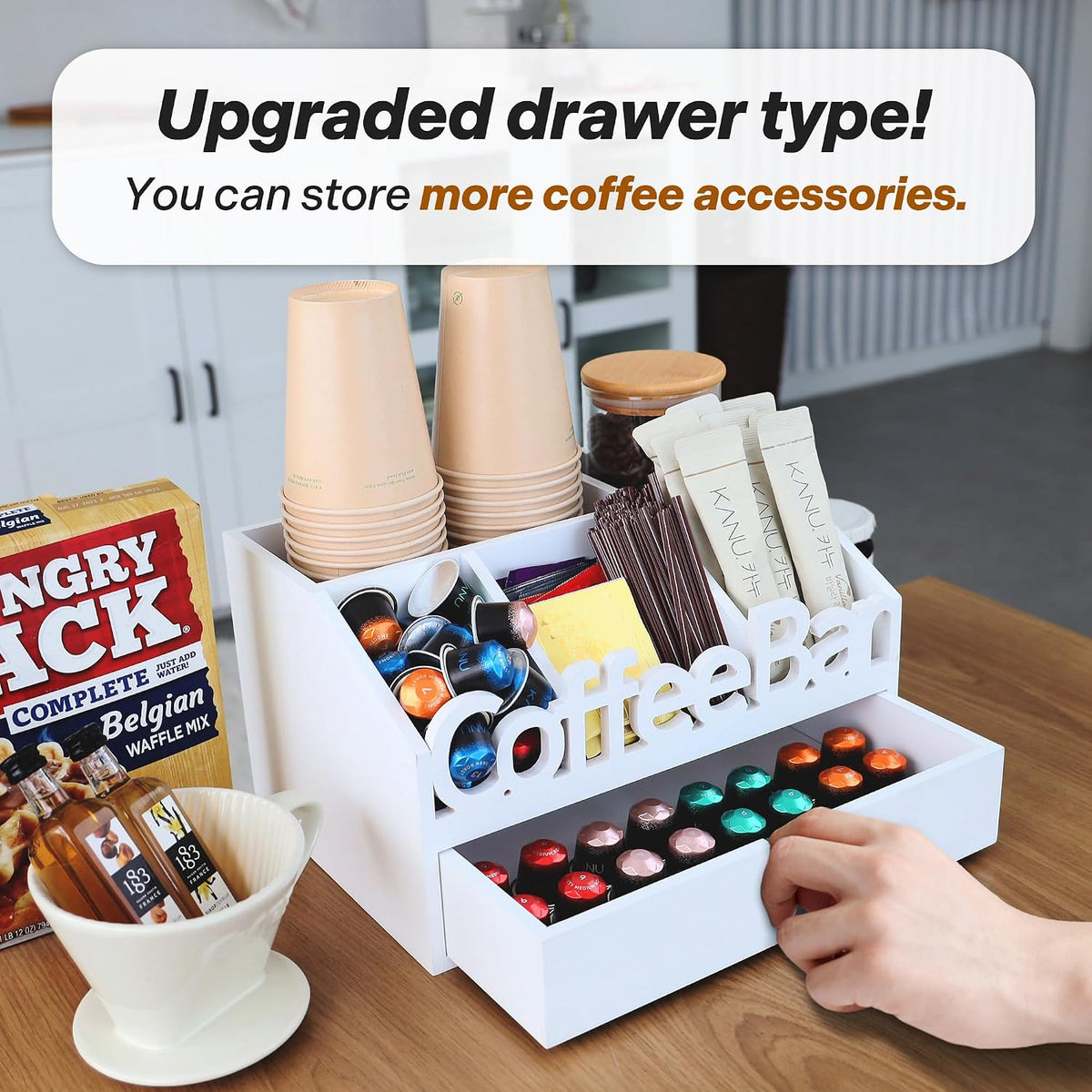 Coffee Bar Organizer Countertop,Wood Coffee Station with Drawer,Home&Office
