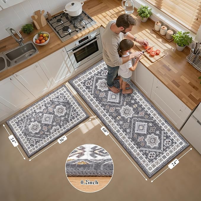 HEBE Boho Kitchen Rugs Sets of 2, Non Slip Washable Kitchen Mats