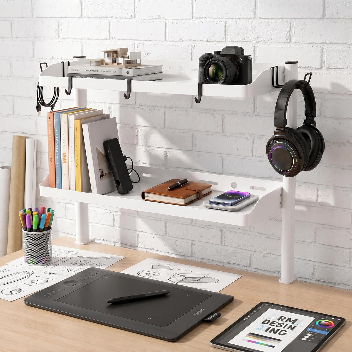 Clamp on Desk Shelf White, 2-Tier Office Desk Shelves Organizer, 17in Small Shelf for Top of Desk with Headphone Holder, Hooks, Desktop Storage Rack for Home Workspace, Study Rooms, Gaming Accessories