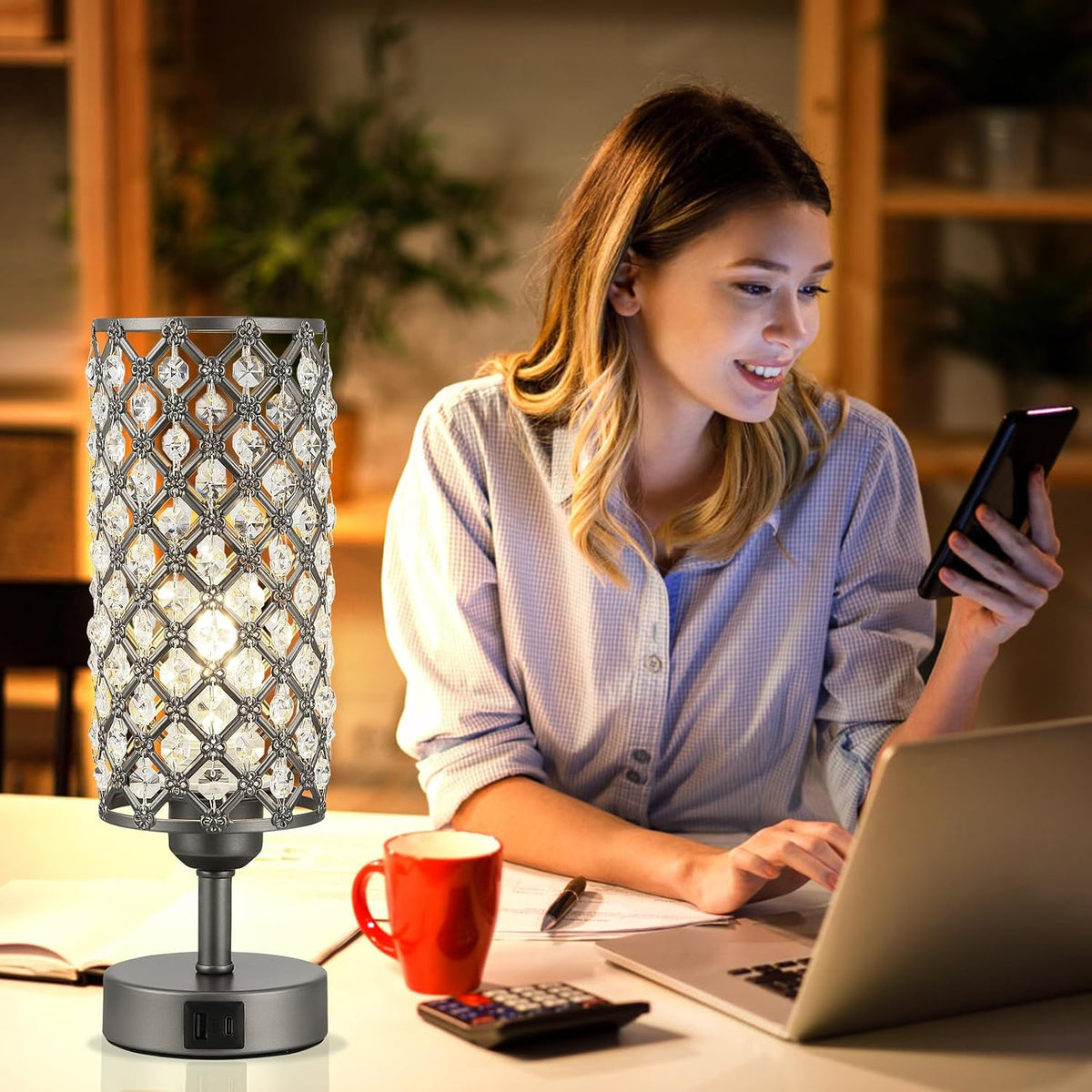 Gray Crystal Bedside Lamp, Nightstand Lamp for Bedroom (Bulb included)
