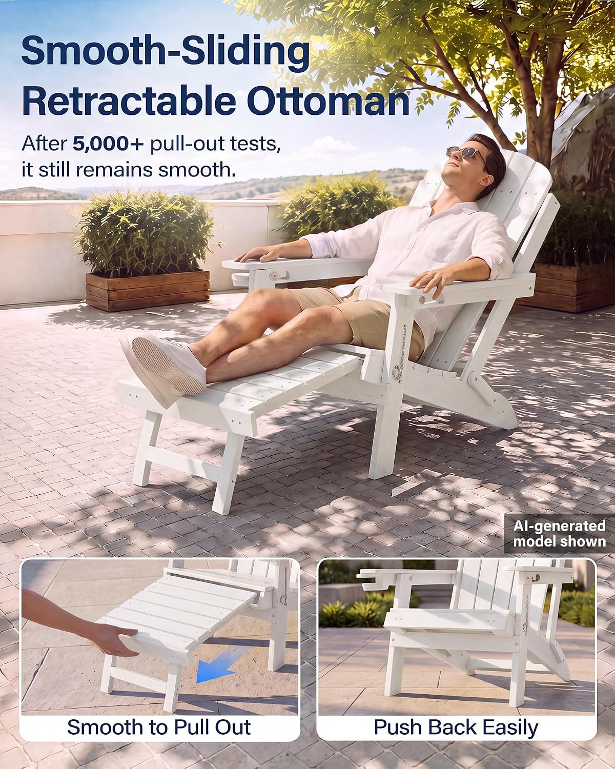 YEFU Adirondack Chairs with Footrest, HDPE Adirondack Chair, White