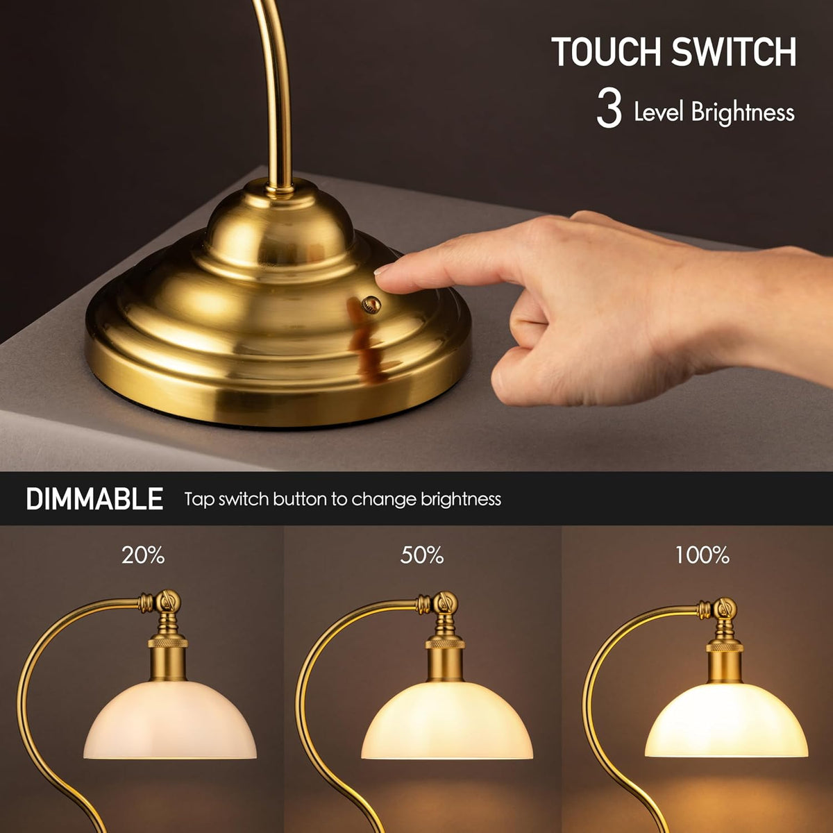 O'Bright Bankers - Cordless LED Table Lamp, Battery-Operated, Rechargeable, 3-Level Dimming, Universal USB-C Charging, 180° Swivel Head, White Jade Glass Shade, Antique Brass
