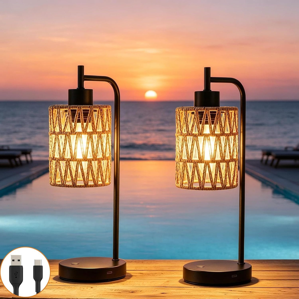 Rechargeable Outdoor Patio Table Lamps, Cordless, Set of 2