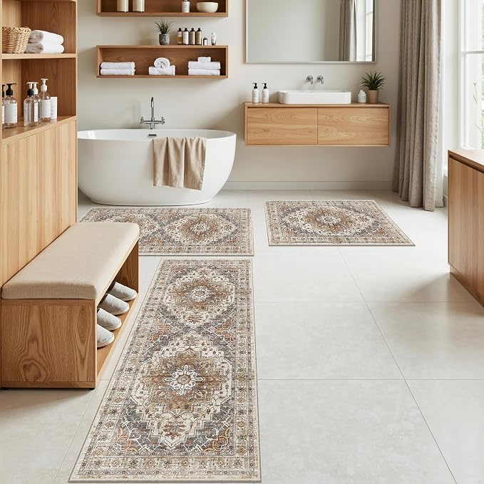 Madane Washable Kitchen Rug Set of 3, Small Area Rug Non-Slip Vintage Entryway