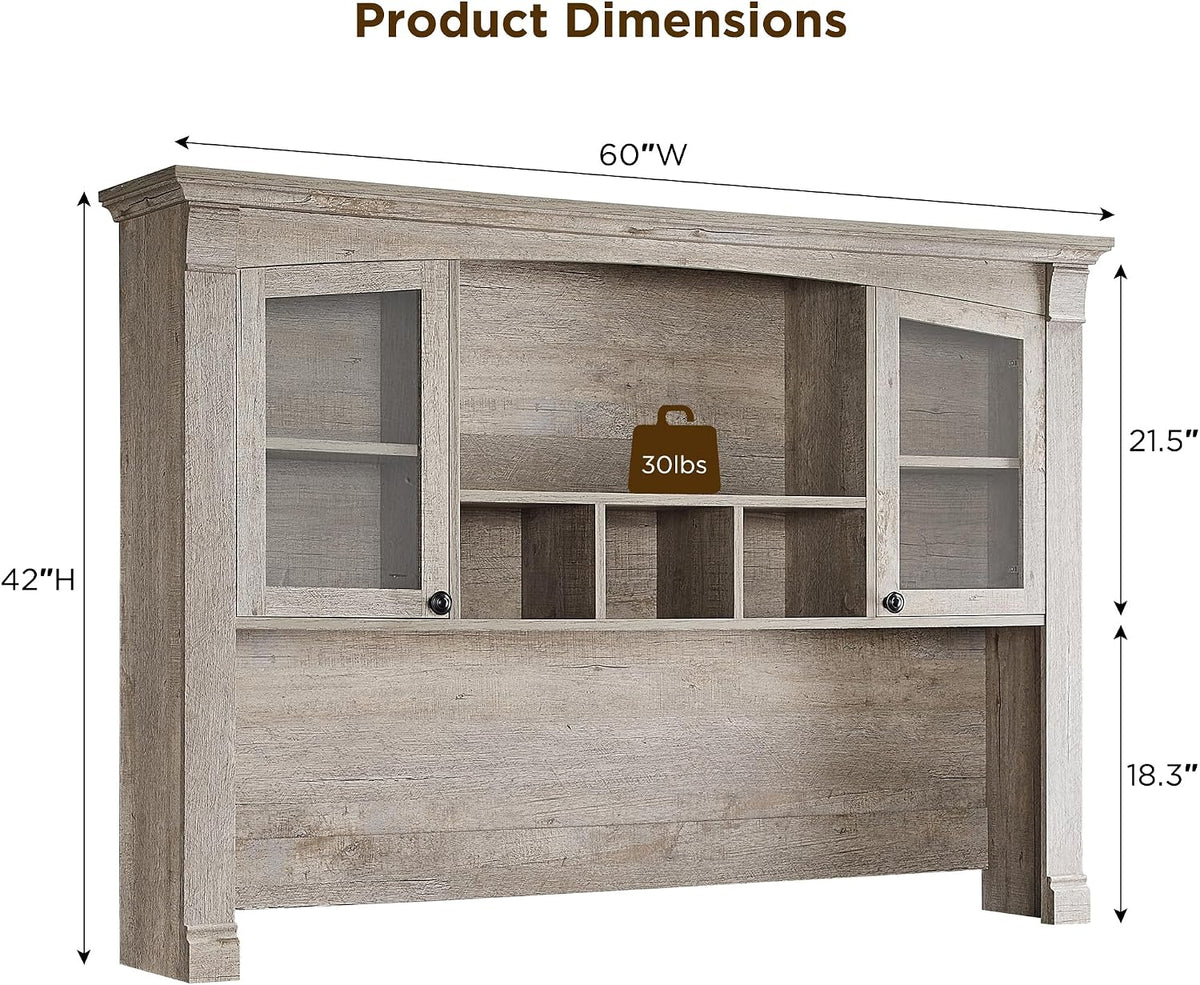 OKD 60" Farmhouse Desk Hutch, Glass Door Storage Cabinet, Gray Oak