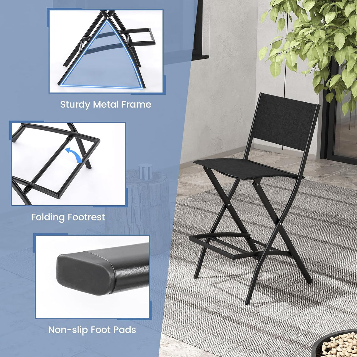 Tangkula Outdoor Barstools Set of 4, Counter Height Folding Bar Chairs with Back and Footrest, Versatile Patio Dining Chairs with Breathable Fabric & Heavy-Duty Metal Frame