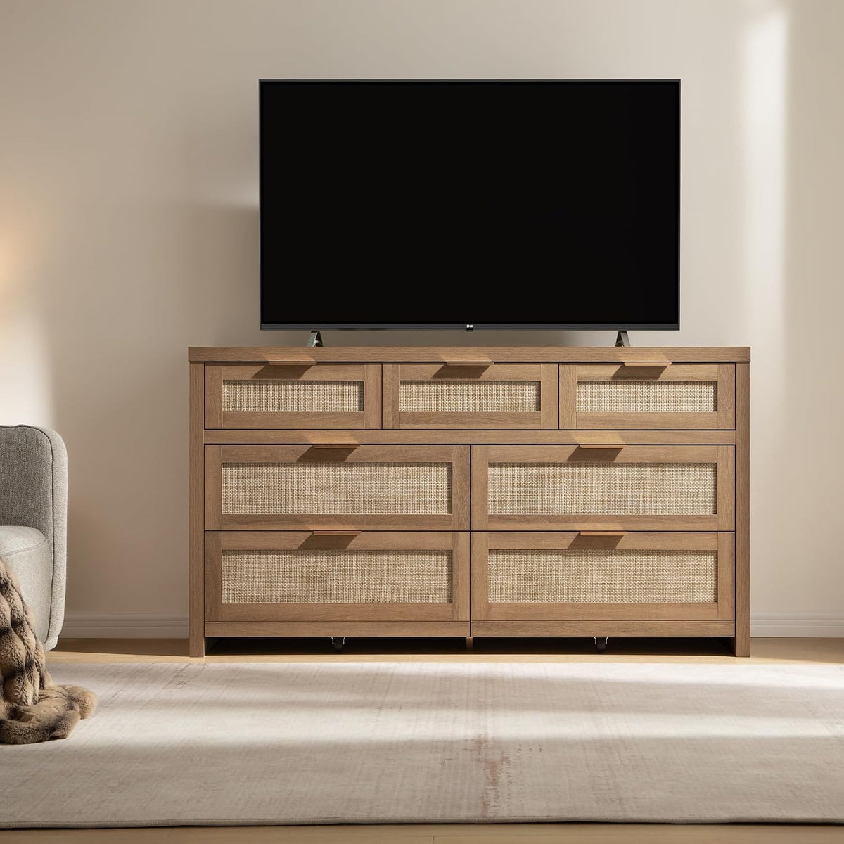 SICOTAS 7 Drawer Rattan Dresser for Bedroom, 57" Wide Dresser