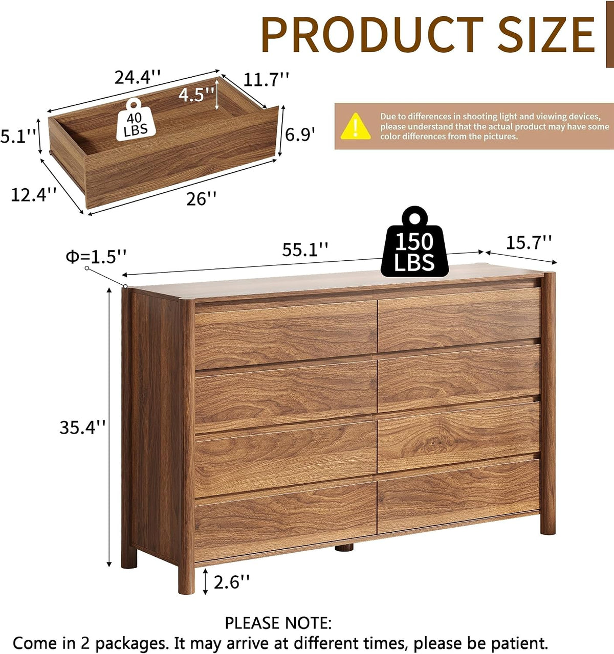 CHUWELL 55" Wide Walnut 8 Drawer Dresser for Bedroom with Solid Wood Legs
