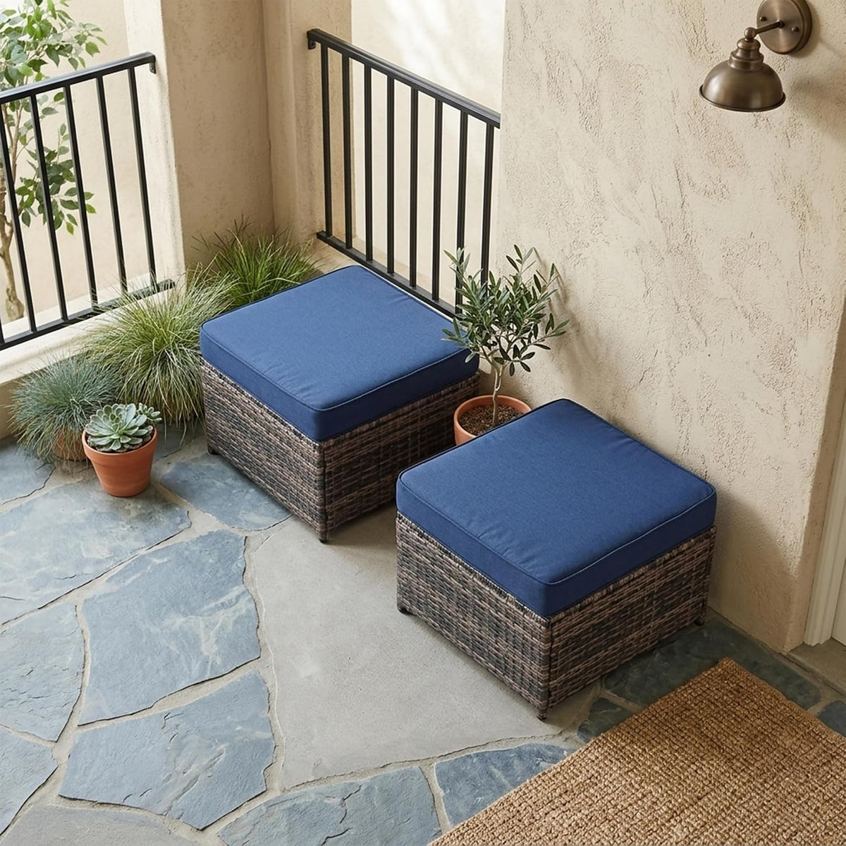 2 Piece Patio Sofa Ottomans with 4.3" Thick Cushions, Wicker Outdoor Couch Extension Set, All-Weather Rattan Seating Accessory for Backyard Furniture,（Blue）