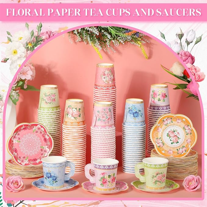 Nuogo 300 Pcs Floral Paper Tea Cups and Saucers 7 OZ Disposable Cups