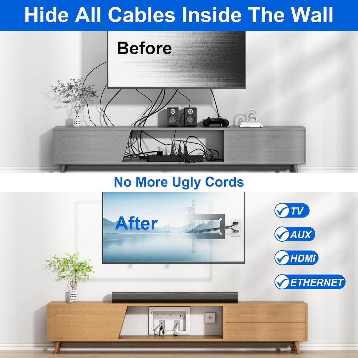 in Wall TV Cable Management Kit with Recessed Outlet – Triple Outlet and USB Ports, 7ft Cord(4ft+3ft), Drywall Cutting Drill Bit and Hand Saw – Easy, Safe TV Wire Hider for Wall