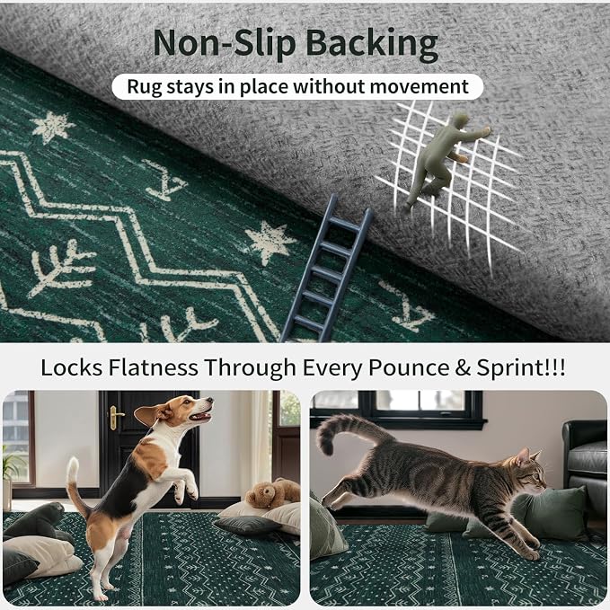 SERISSA 4x6 Area Rugs for Living Room, Washable Non-Slip Dark Green Boho Rug