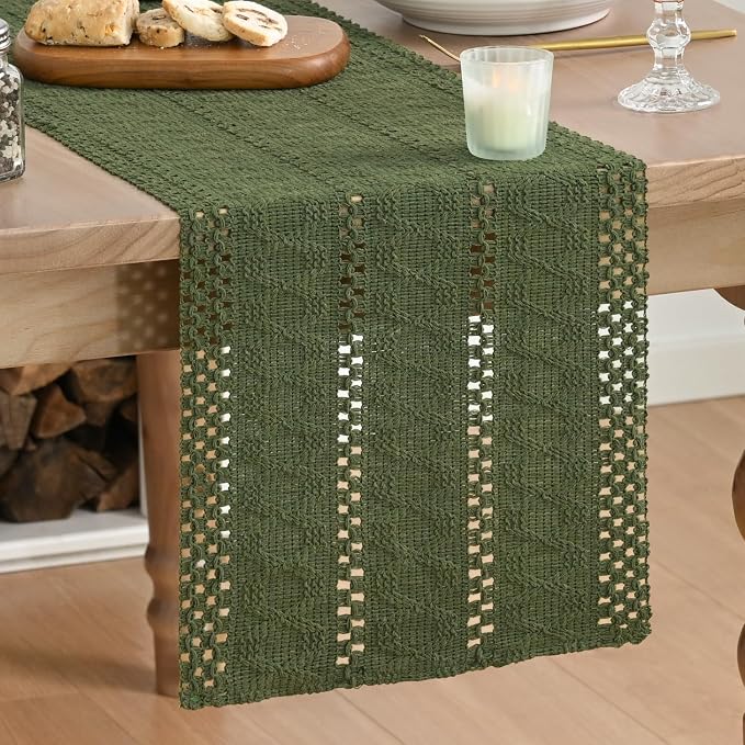 Artoid Mode Army Green Woven Farmhouse Hollow Table Runner 12x60 Inch | Holiday