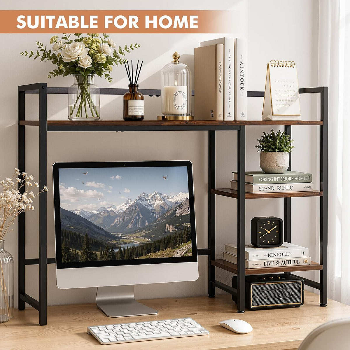 38.6" Desk Shelf, 3-Tier Desk Hutch for Computer Monitor, Rustic Brown