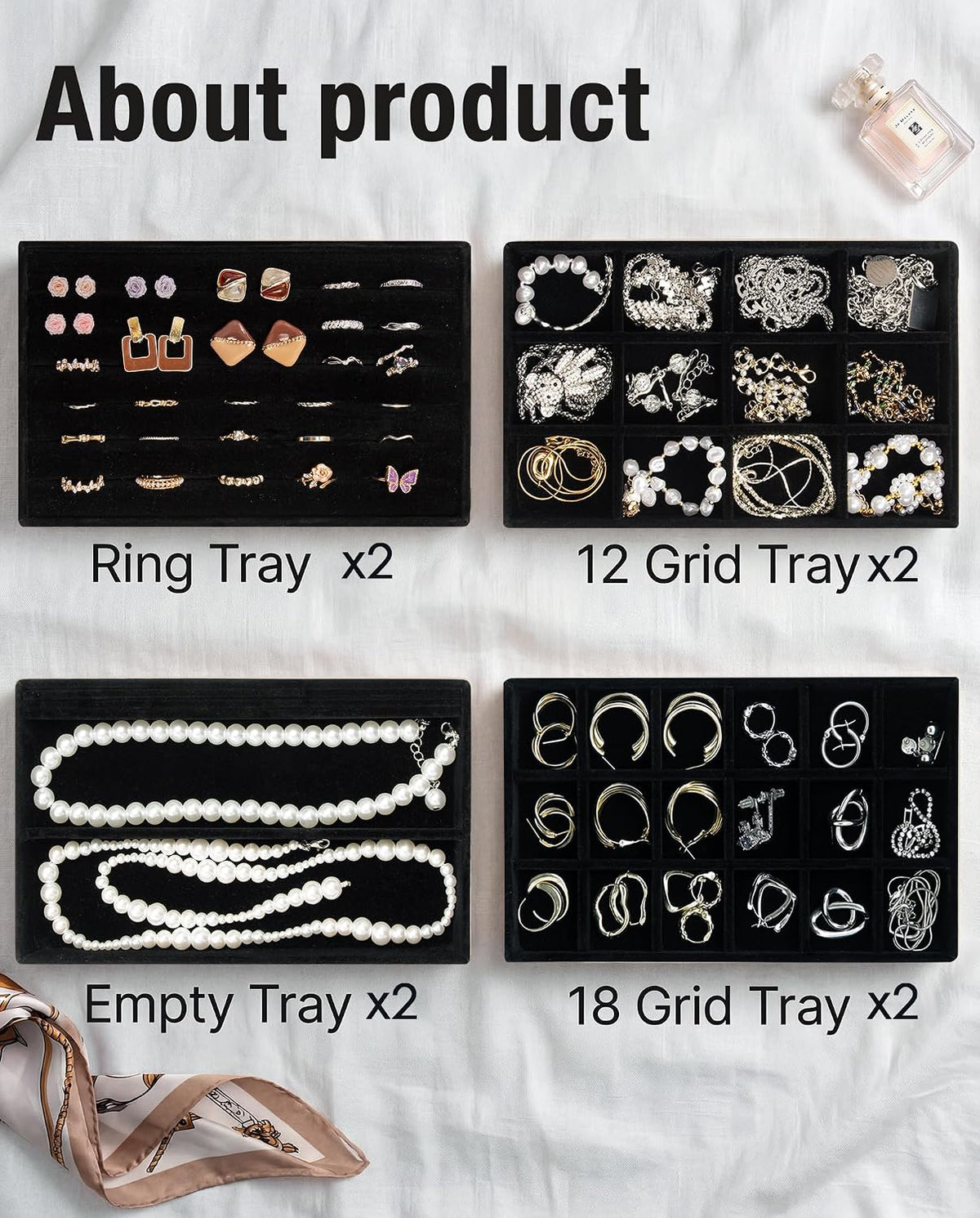 Velvet Jewelry Trays,Jewelry Organizer Trays for Drawer,Set of 8,Black