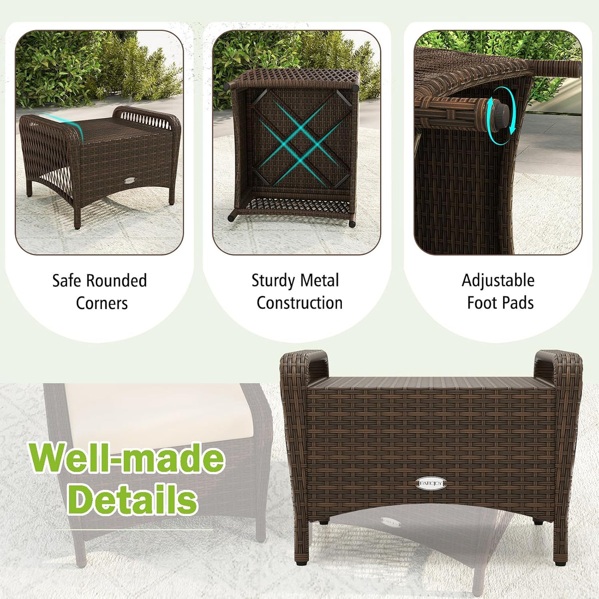 RELAX4LIFE 2-Piece Wicker Outdoor Ottoman - Rattan Footstools w/Removable Cushions, Multipurpose Foot Rest, Additional Seating & Side Table for Garden Porch Balcony, Set of 2 Patio Ottoman (Beige)